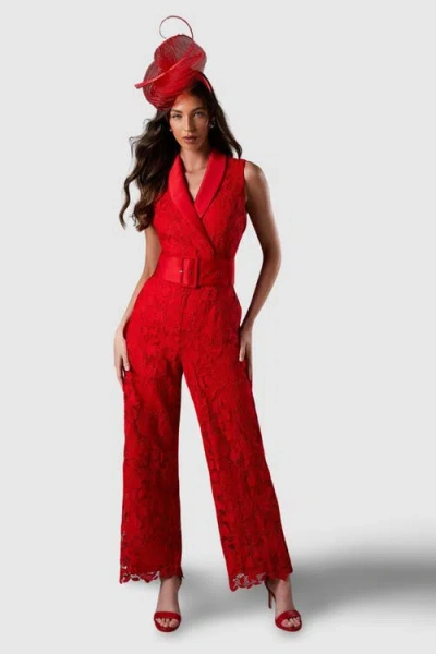 Coast Lisa Lace Belted Jumpsuit In Red
