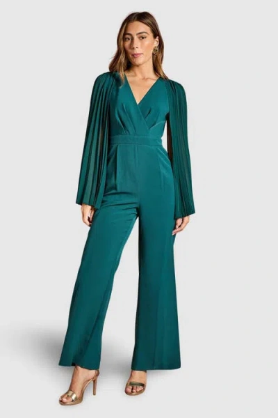 Coast V Neck Pleated Long Sleeve Jumpsuit In Green