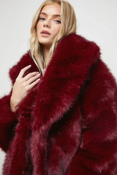 Oasis Maxi Faux Fur Plush Coat In Red