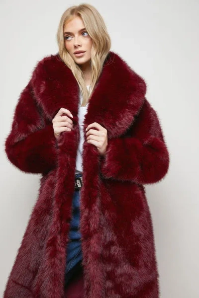 Oasis Maxi Faux Fur Plush Coat In Red