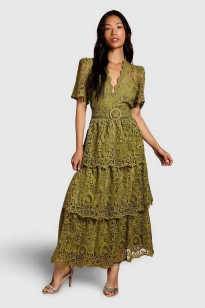 Coast Short Sleeve Tiered Lace Midi Dress In Green