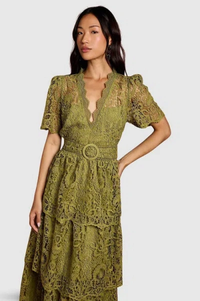 Coast Short Sleeve Tiered Lace Midi Dress In Green