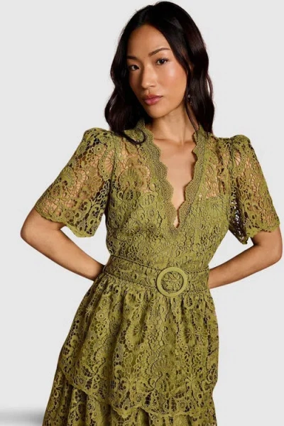 Coast Short Sleeve Tiered Lace Midi Dress In Green