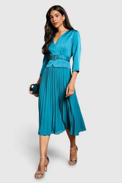 Coast Satin Bodice Pleat Skirt Midi Dress In Blue