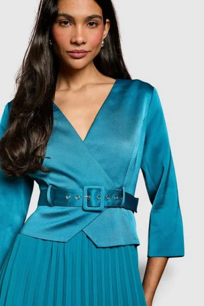 Coast Satin Bodice Pleat Skirt Midi Dress In Blue