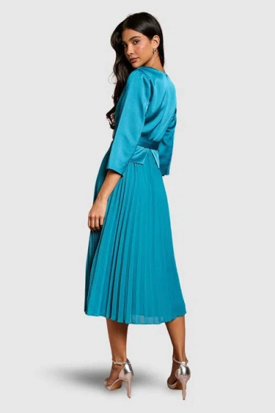 Coast Satin Bodice Pleat Skirt Midi Dress In Blue