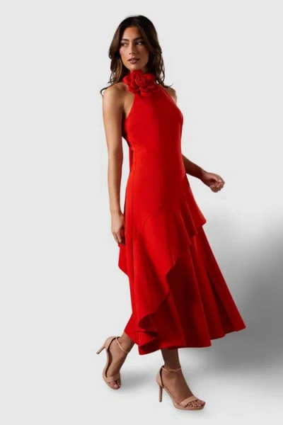 Coast High Neck Corsage Detail Midi Dress In Red