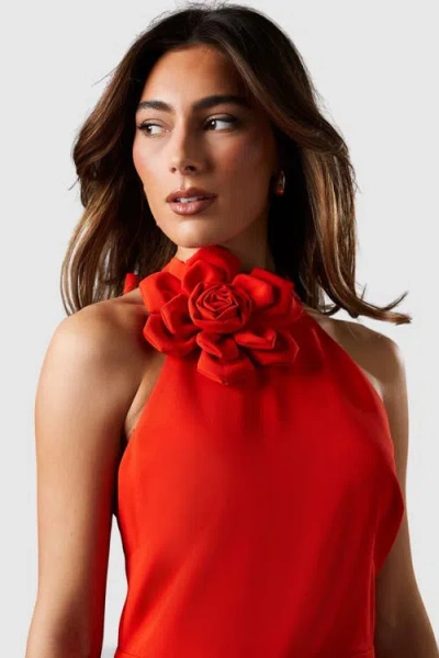 Coast High Neck Corsage Detail Midi Dress In Red
