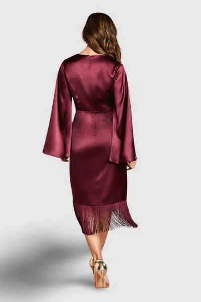 Coast Satin Fringe Hem Wrap Waist Midi Dress In Burgundy