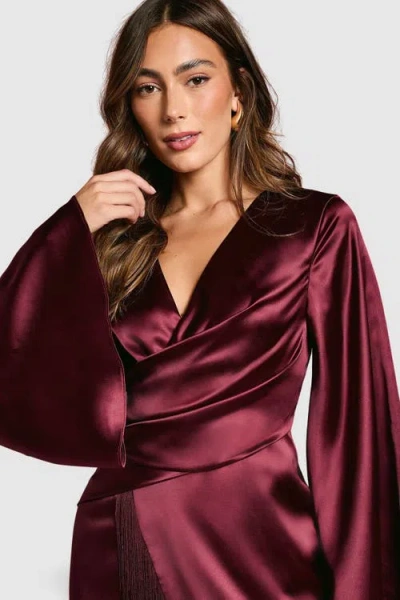 Coast Satin Fringe Hem Wrap Waist Midi Dress In Burgundy