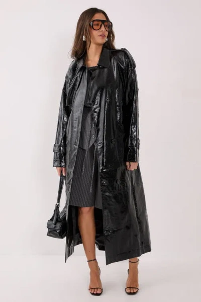 Nasty Gal High Shine Faux Leather Trench Coat In Black