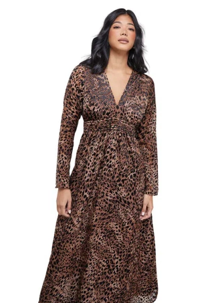 Warehouse Plunge Neck Waisted Midi Dress In Brown