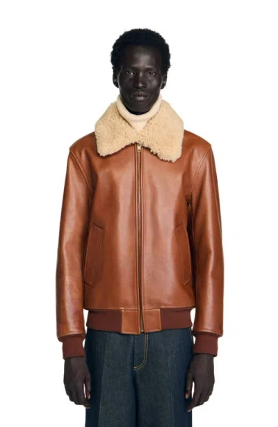 Sandro Shearling Collar Leather Jacket In Brown