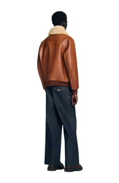 Sandro Shearling Collar Leather Jacket In Brown