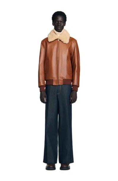 Sandro Shearling Collar Leather Jacket In Brown