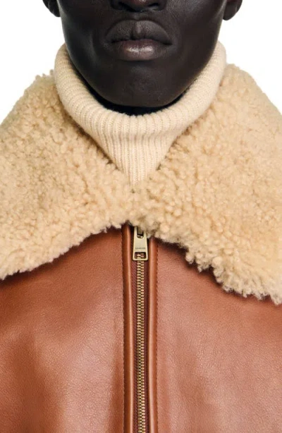 Sandro Shearling Collar Leather Jacket In Brown