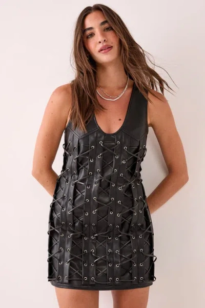 Nasty Gal Eyelet Lace Up Faux Leather Mini Dress In Black
