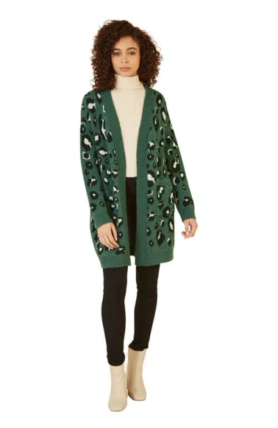 Yumi Animal Intarsia Knit Long Cardigan In Green