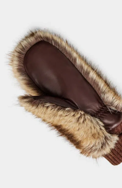 Rudsak Bella Faux Fur & Leather Mittens In Brown