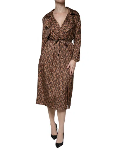 Pre-owned Ballantyne Brown Printed Long Sleeves V-neck Wrap Midi Women's Dress ()