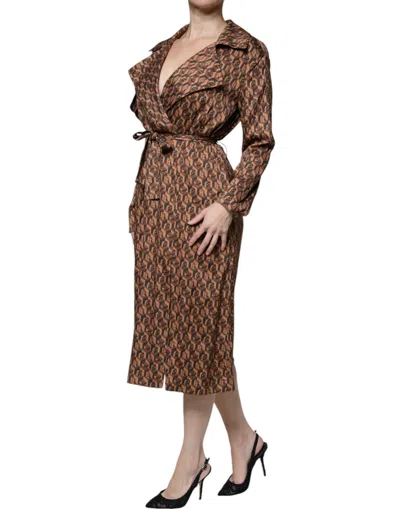 Pre-owned Ballantyne Brown Printed Long Sleeves V-neck Wrap Midi Women's Dress ()