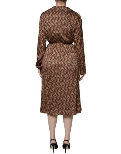 Pre-owned Ballantyne Brown Printed Long Sleeves V-neck Wrap Midi Women's Dress ()