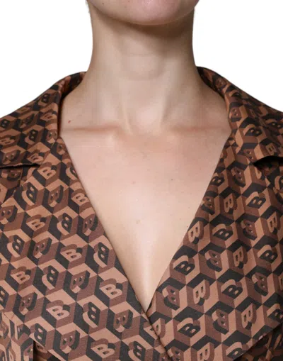 Pre-owned Ballantyne Brown Printed Long Sleeves V-neck Wrap Midi Women's Dress ()