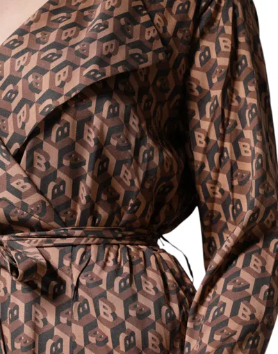 Pre-owned Ballantyne Brown Printed Long Sleeves V-neck Wrap Midi Women's Dress ()
