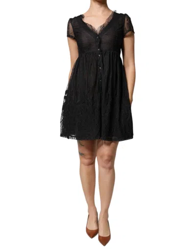 Pre-owned Blugirl Black Short Sleeves Floral Lace Trim A-line Mini Women's Dress ()