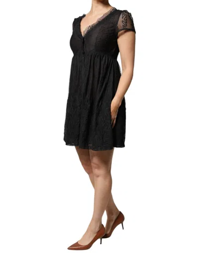 Pre-owned Blugirl Black Short Sleeves Floral Lace Trim A-line Mini Women's Dress ()