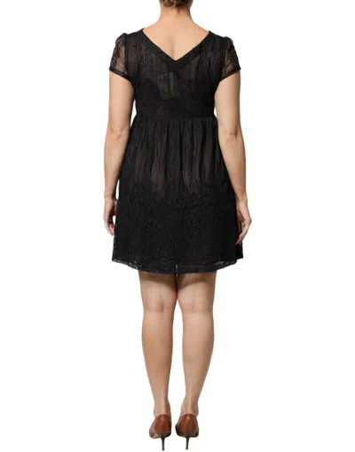 Pre-owned Blugirl Black Short Sleeves Floral Lace Trim A-line Mini Women's Dress ()