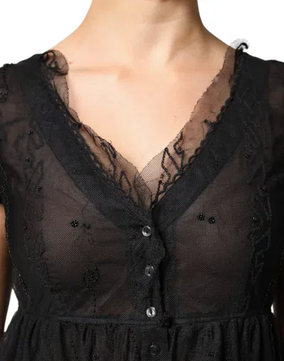 Pre-owned Blugirl Black Short Sleeves Floral Lace Trim A-line Mini Women's Dress ()