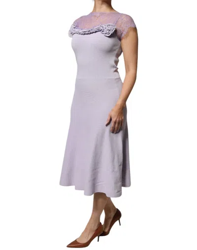 Pre-owned Blumarine Purple Short Sleeves Floral Lace Trim A-line Midi Women's Dress ()