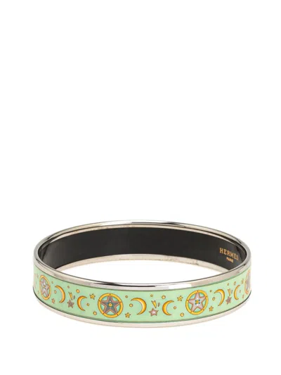 Pre-owned Hermes 20th Century Narrow Moon Stars Enamel Bangle 65 Costume Bracelet In Green