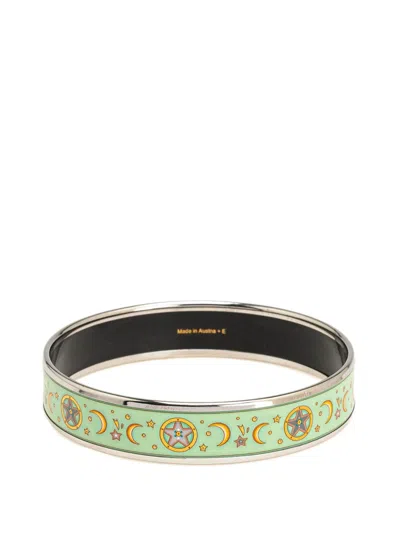 Pre-owned Hermes 20th Century Narrow Moon Stars Enamel Bangle 65 Costume Bracelet In Green
