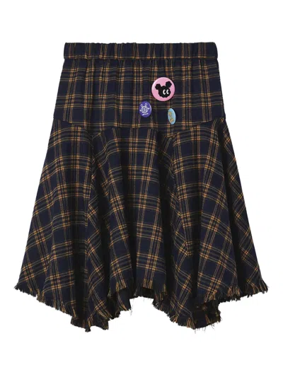 Mini Cream Frayed Plaid Mini Skirt In Blue