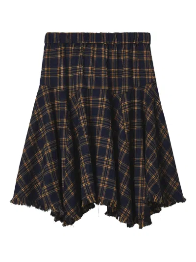 Mini Cream Frayed Plaid Mini Skirt In Blue
