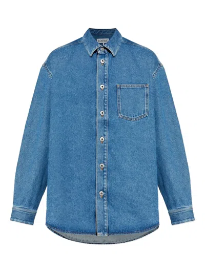 Loewe Mens Mid Blue Denim Anagram-embroidery Long-sleeves Denim Overshirt In Blue