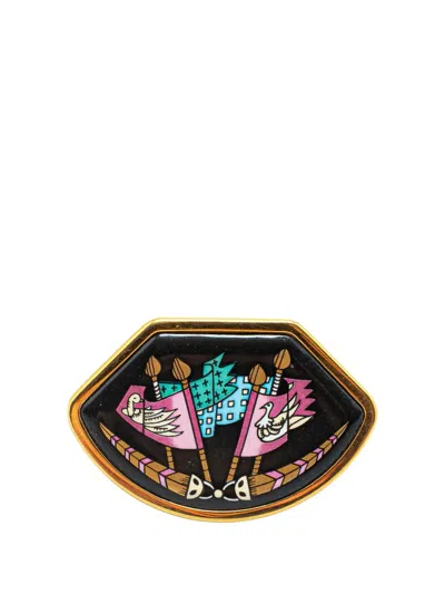Pre-owned Hermes 1990-2010 Gold Plated Enamel Brooch Costume Bracelet In Black