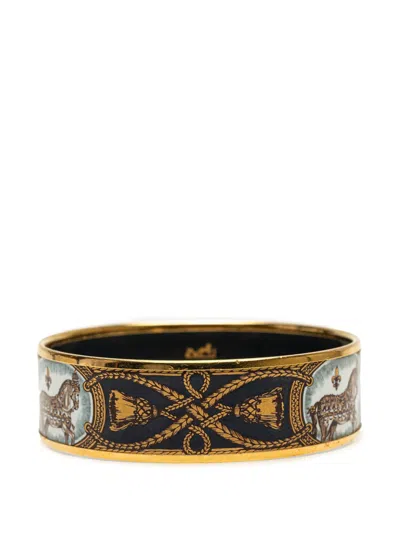 Pre-owned Hermes 2000-2020 Wide Enamel Grand Apparat Horse Bangle Costume Bracelet In Black