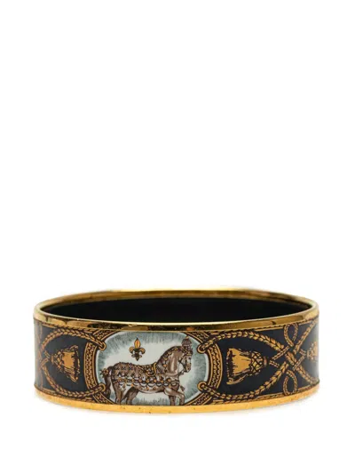 Pre-owned Hermes 2000-2020 Wide Enamel Grand Apparat Horse Bangle Costume Bracelet In Black
