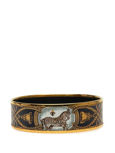 Pre-owned Hermes 2000-2020 Wide Enamel Grand Apparat Horse Bangle Costume Bracelet In Black