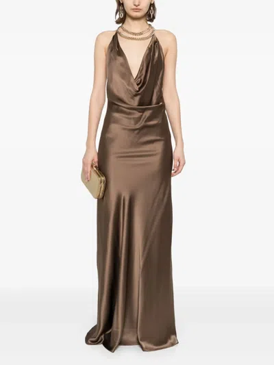 Michelle Mason Draped Halterneck Dress In Brown