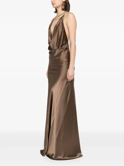 Michelle Mason Draped Halterneck Dress In Brown
