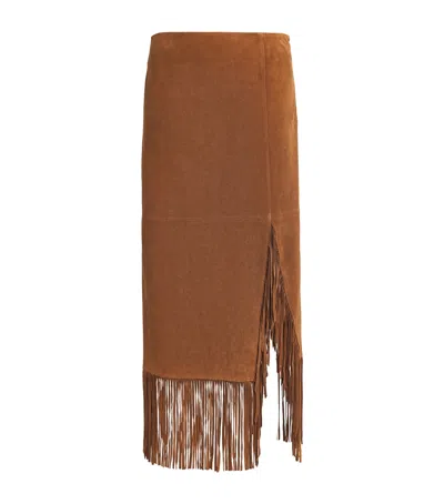 Polo Ralph Lauren Suede Fringed Midi Skirt In Brown