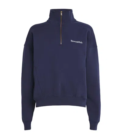 Sporty And Rich Cotton Logo Quarter-zip Sweatshirt In Blue