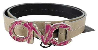 Costume National Beige Leather Pink Letter Logo Buckle Belt In Neutral