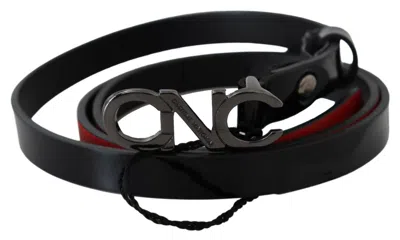 Costume National Black Skinny Leather Logo Buckle Belt In Black