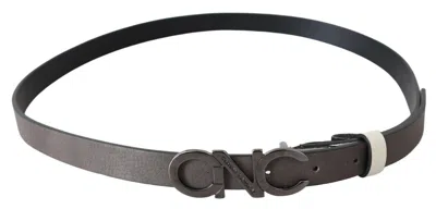 Costume National Belt Mettalic Gray Leather Logo Belt In White