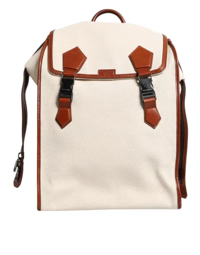 Pre-owned Dolce & Gabbana Beige Brown Canvas Leather Edge Travel Men Back Pack Men's Bag () In Sand